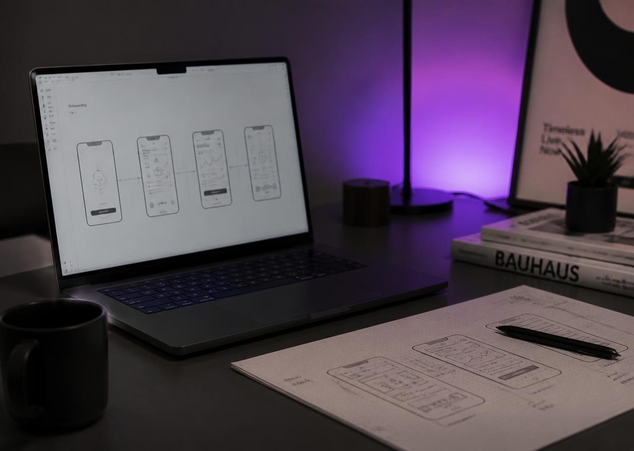 Design and development workspace with app wireframes on screen