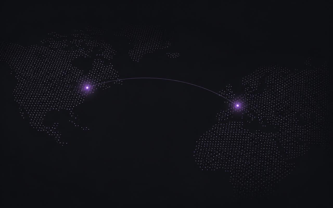 Dotted world map with glowing nodes marking Austin and Chennai joined by an arc